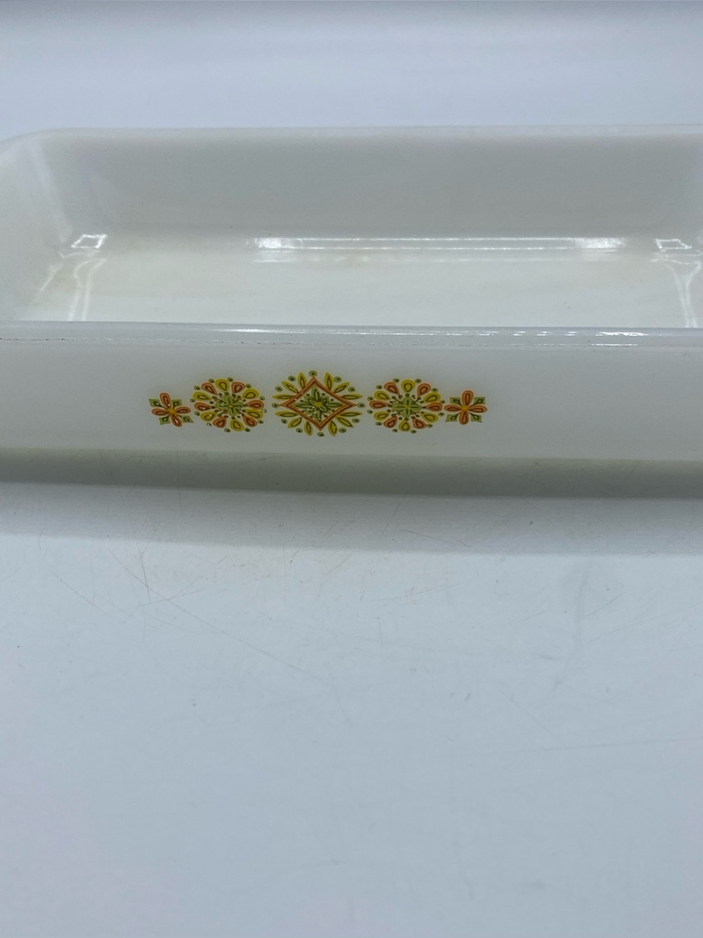 Glasbake Vintage Atomic Pinwheel Baking 10” Pan Made in USA Milk Glass 1.5” Deep